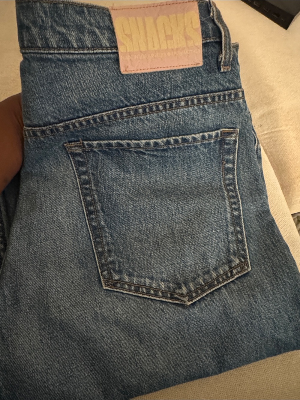 MOTHER Women's Straight-Leg Jeans in Blue Denim with Pink Patch